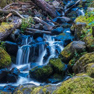 Превью обои водопад, камни, поток, мох, бревно