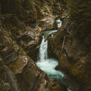 Превью обои водопад, камни, поток, ветки, деревья