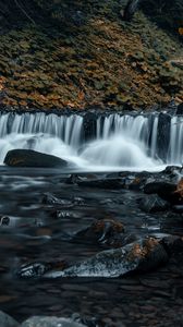 Превью обои водопад, камни, поток, скалы, трава