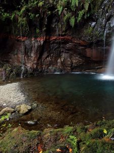 Превью обои водопад, камни, растительность, ущелье