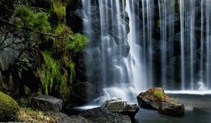 Превью обои водопад, камни, растительность, мох, струи, стена