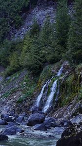 Превью обои водопад, камни, река, склон