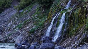 Превью обои водопад, камни, река, склон