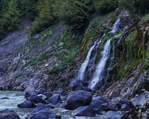 Превью обои водопад, камни, река, склон