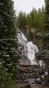 Превью обои водопад, камни, скала, деревья, снег