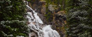 Превью обои водопад, камни, скала, деревья, снег