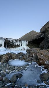 Превью обои водопад, камни, скала, лед, пейзаж