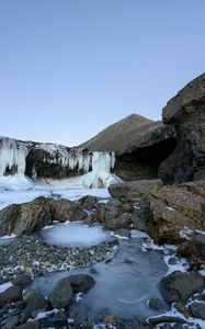 Превью обои водопад, камни, скала, лед, пейзаж