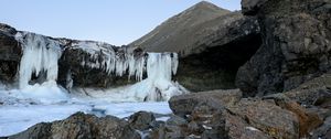 Превью обои водопад, камни, скала, лед, пейзаж