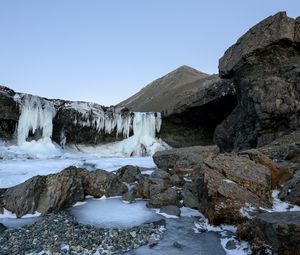 Превью обои водопад, камни, скала, лед, пейзаж
