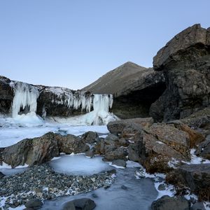 Превью обои водопад, камни, скала, лед, пейзаж