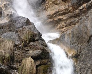 Превью обои водопад, камни, скалы, поток, брызги