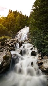 Превью обои водопад, камни, скалы, поток, вода, деревья