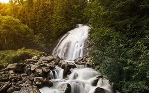 Превью обои водопад, камни, скалы, поток, вода, деревья