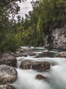 Превью обои водопад, камни, скалы, деревья