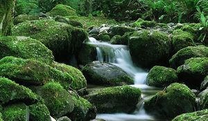 Превью обои водопад, камни, течение, мох