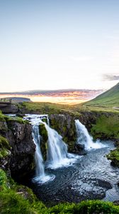 Превью обои водопад, камни, трава, мох