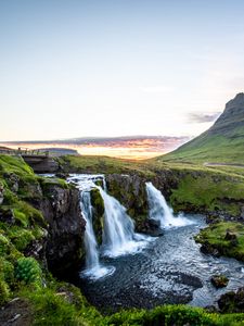 Превью обои водопад, камни, трава, мох