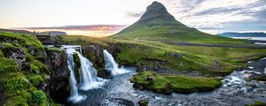 Превью обои водопад, камни, трава, мох