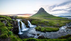 Превью обои водопад, камни, трава, мох