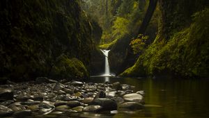 Превью обои водопад, камни, вода, мох