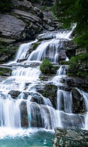 Превью обои водопад, камни, вода, скалы, кусты