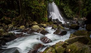 Превью обои водопад, камни, вода, мох, поток, деревья
