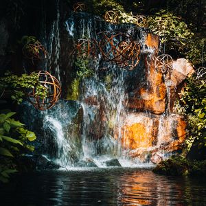 Превью обои водопад, камни, вода, шары, природа