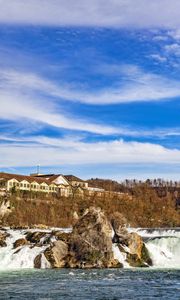 Превью обои водопад, камни, здание, природа