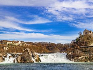 Превью обои водопад, камни, здание, природа