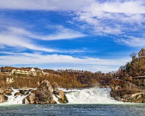 Превью обои водопад, камни, здание, природа