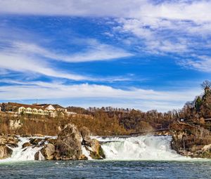 Превью обои водопад, камни, здание, природа