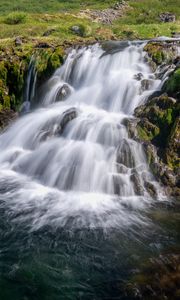 Превью обои водопад, каскад, камни, трава