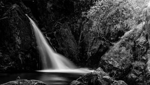 Превью обои водопад, каскад, камни, деревья, черно-белый