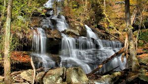 Превью обои водопад, каскады, лес, листья, деревья, камни