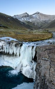 Превью обои водопад, лед, долина, горы, природа