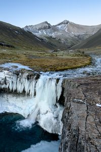 Превью обои водопад, лед, долина, горы, природа
