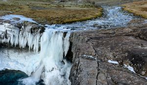 Превью обои водопад, лед, долина, горы, природа