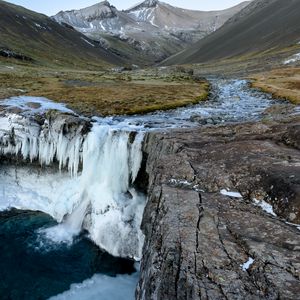 Превью обои водопад, лед, долина, горы, природа