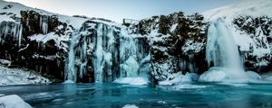 Превью обои водопад, лед, снег, зима, обрыв, сумерки