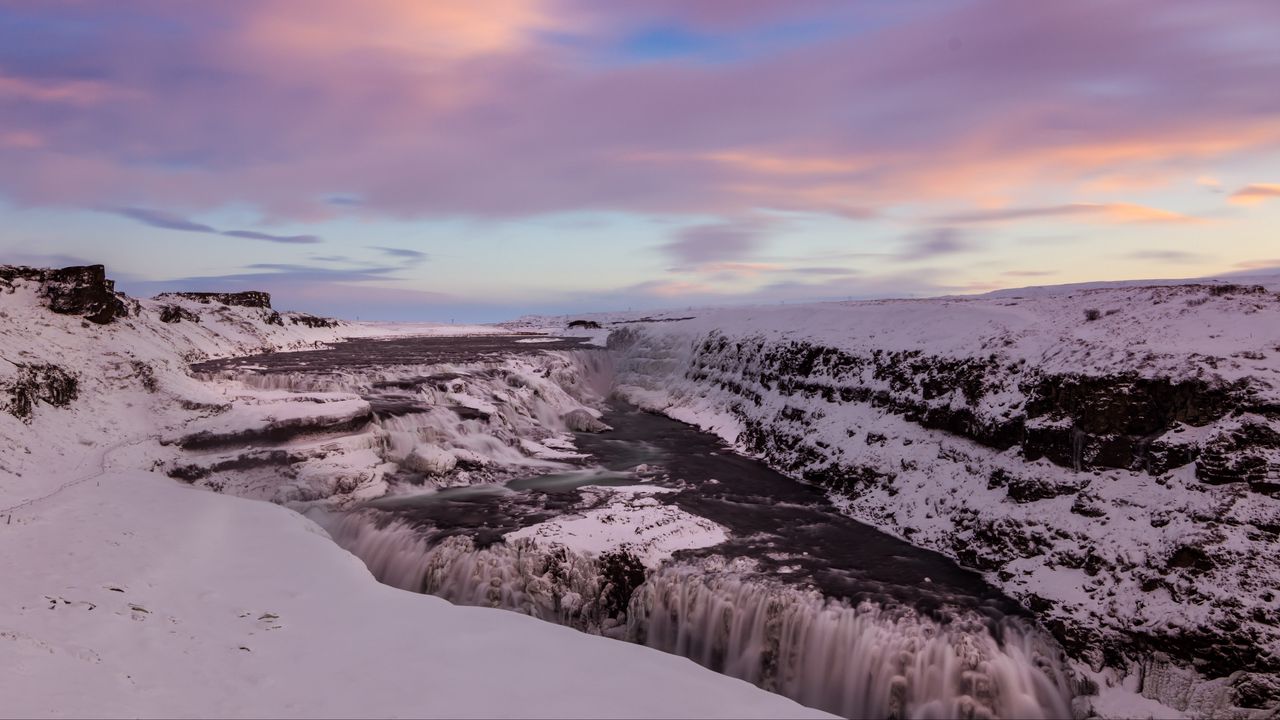 Обои водопад, лед, снег, закат, небо, зима