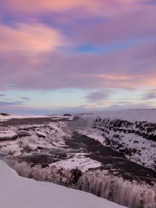 Превью обои водопад, лед, снег, закат, небо, зима