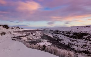 Превью обои водопад, лед, снег, закат, небо, зима