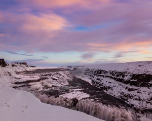 Превью обои водопад, лед, снег, закат, небо, зима