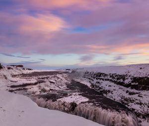 Превью обои водопад, лед, снег, закат, небо, зима