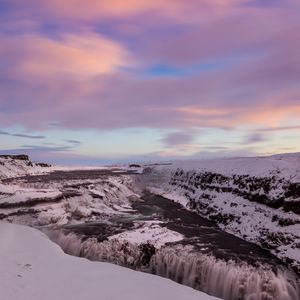 Превью обои водопад, лед, снег, закат, небо, зима