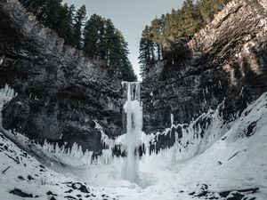 Превью обои водопад, лед, снег, обрыв, деревья