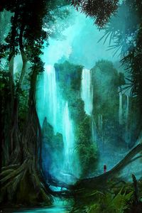 Превью обои водопад, лес, деревья, силуэт, арт