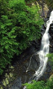 Превью обои водопад, лес, камни, высота, деревья, зеленый, скалы