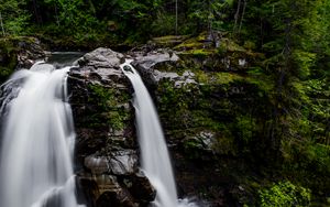 Превью обои водопад, лес, река, обрыв, вода, поток, природа